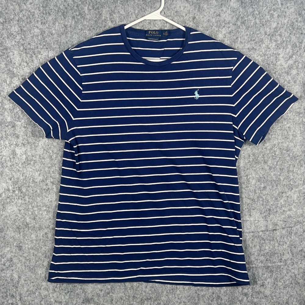 Polo Ralph Lauren Mens XL Custom Slim Fit Striped T-Shirt Navy Blue White Pony